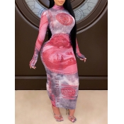 Lovely Casual Turtleneck Print Pink Ankle Length D