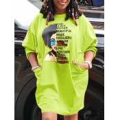 Lovely Street O Neck Print Green Knee Length Dress