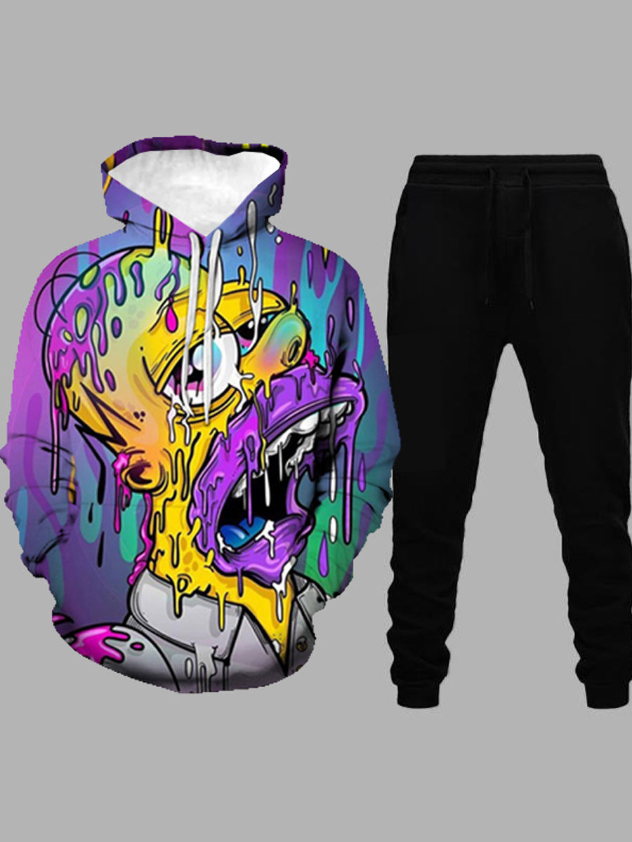 LW Men Cartoon Mixed Print Sweatsuit Set