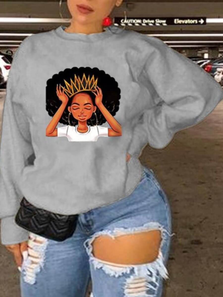 LW Plus Size Leisure O Neck Print Grey Hoodie