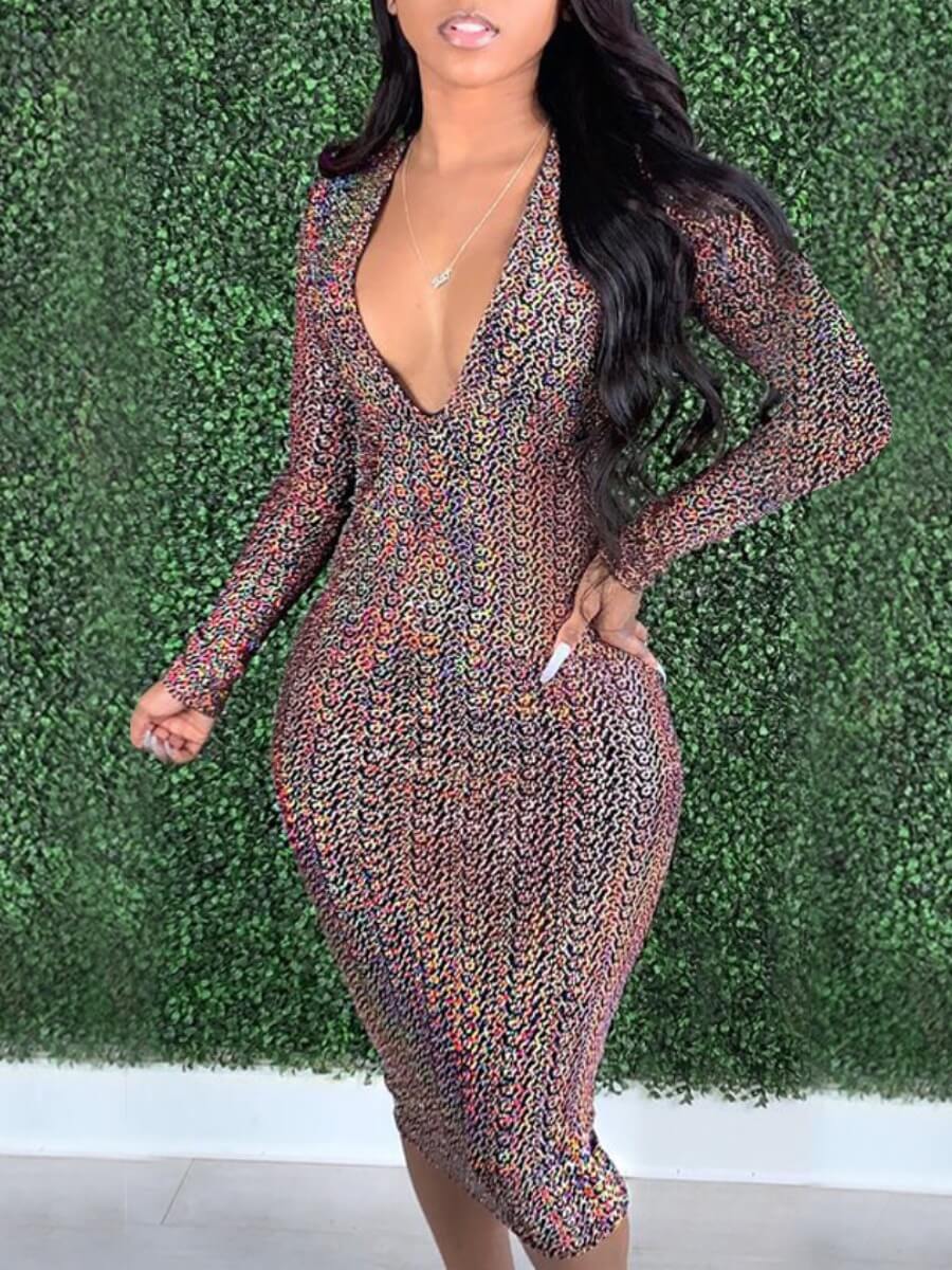LW Deep V Neck Mixed Print Bodycon Dress