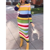 Lovely Casual O Neck Rainbow Striped Yellow Ankle 