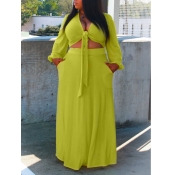 Lovely Casual V Neck Knot Design Green Plus Size T