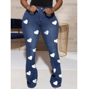 Lovely Casual Heart Print Blue Plus Size Jeans