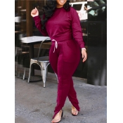 LW Plus Size Sportswear O Neck Patchwork Wine Red 