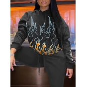 Lovely Casual Hooded Collar Print Black Hoodie