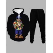 LW Men Euramerican Hooded Collar Cartoon Print Bla
