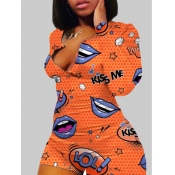 Lovely Plus Size Leisure Lip Print Croci One-piece