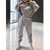 Lovely Sportswear Hooded Collar Lace-up Grey Two P