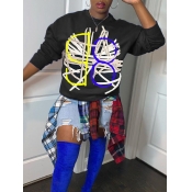 Lovely Leisure O Neck Print Black Hoodie