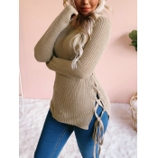 Lovely Leisure O Neck Bandage Design Khaki Sweater