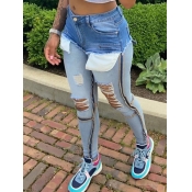 Lovely Street Hollow-out Patchwork Blue Jeans