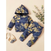Lovely Casual Hooded Collar Plants Print Dark Blue