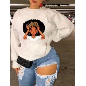 Lovely Leisure O Neck Print White Plus Size Hoodie