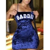 LW SXY Spaghetti Strap Letter Print Blue Mini Dres