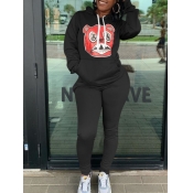 Lovely Casual Hooded Collar Cartoon Print Black Tw