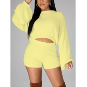 Lovely Casual O Neck Basic Loose Yellow Two Piece 