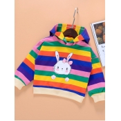 Lovely Casual Hooded Collar Rainbow Striped Multic