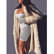 Lovely Stylish Hooded Collar Loose Beige Faux Fur