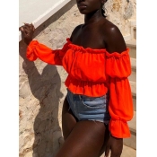 Lovely Sexy Dew Shoulder Fold Design Red Blouse