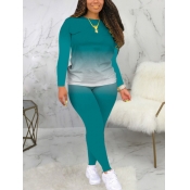 Lovely Casual O Neck Gradient Print Dark Green Two
