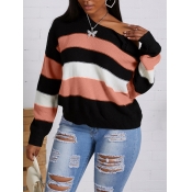 Lovely Casual Striped Patchwork Pink Sweater