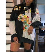 Lovely Street O Neck Print Patchwork Black Mini Dr