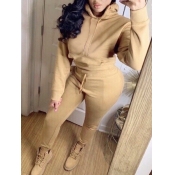 Lovely Casual Hooded Collar Basic Khaki Two Piece 