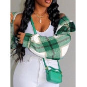 Lovely Leisure Turndown Collar Grid Print Green Co