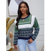Lovely Stylish O Neck Print Patchwork Green Sweate