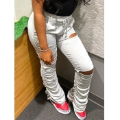 Lovely Casual Fold Design Hollow-out White Pants