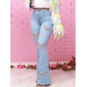 Lovely Trendy Butterfly Print Baby Blue Jeans