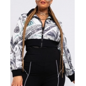Lovely Trendy Turndown Collar Print White Coat