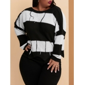 Lovely Casual O Neck Striped Black And White Plus 