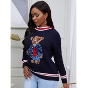 Lovely Trendy O Neck Cartoon Print Dark Blue Sweat