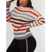Lovely Trendy O Neck Rainbow Striped Grey Plus Siz