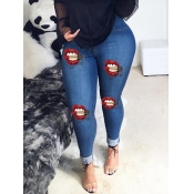 Lovely Street High-waisted Lip Print Blue Jeans