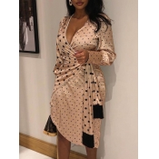 Lovely Trendy Deep V Neck Dot Print Brown Knee Len