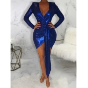 Lovely Sexy Deep V Neck Asymmetrical Blue Mini Dre