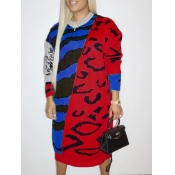 Lovely Street Print Patchwork Blue Mid Calf Dress