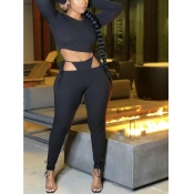 Lovely Casual O Neck Long Sleeve Black Two Piece P
