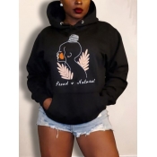 Lovely Casual Hooded Collar Print Black Hoodie