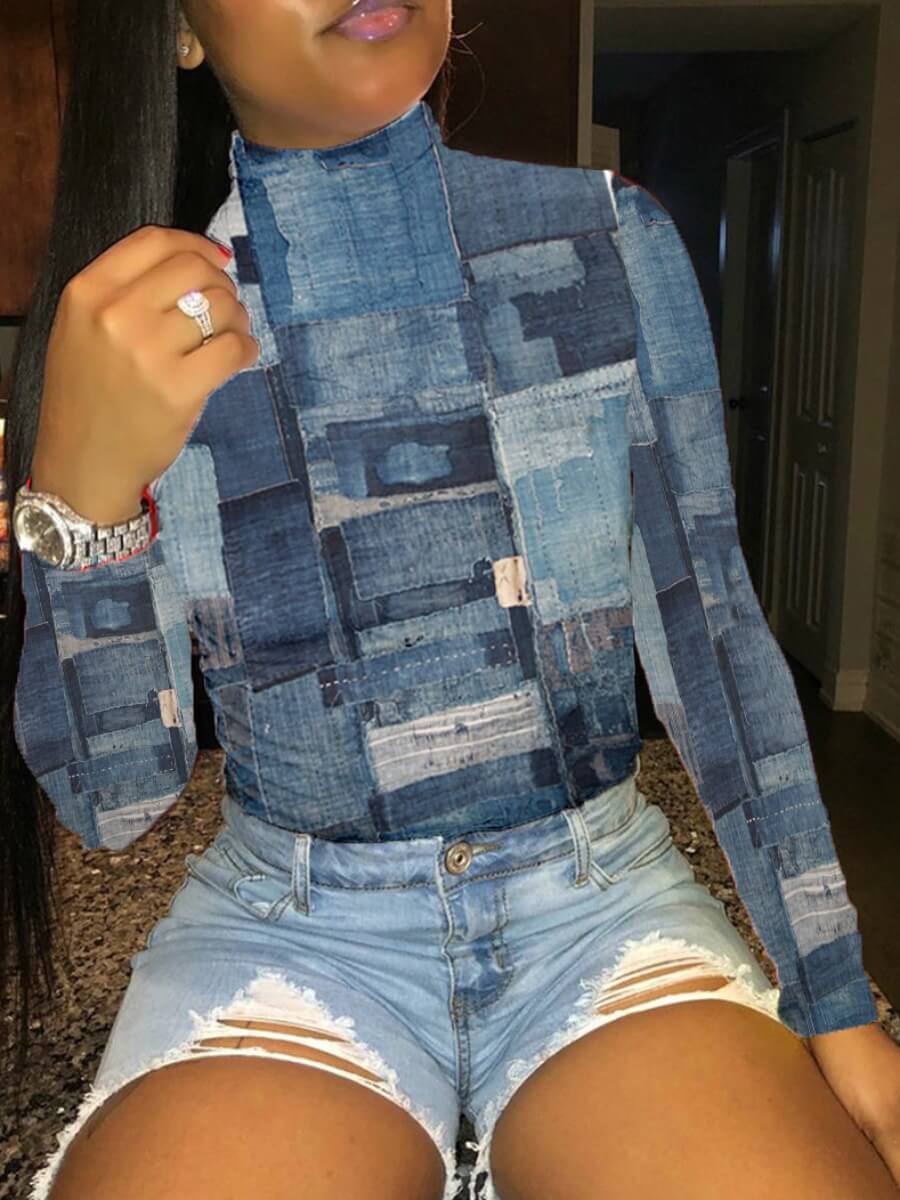 LW Turtleneck Mixed Print Skinny T-shirt