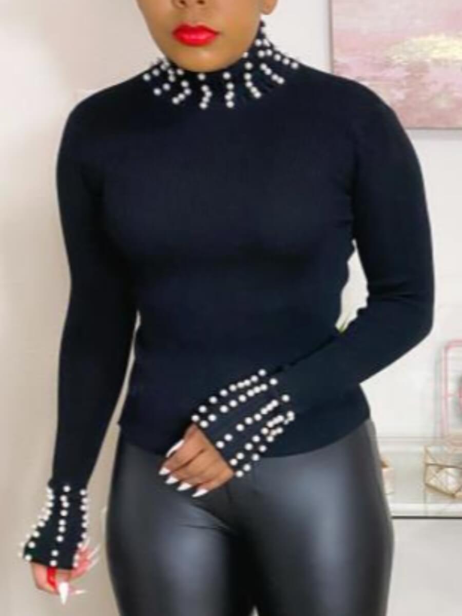 LW Half A Turtleneck Pearl Decoration T-shirt