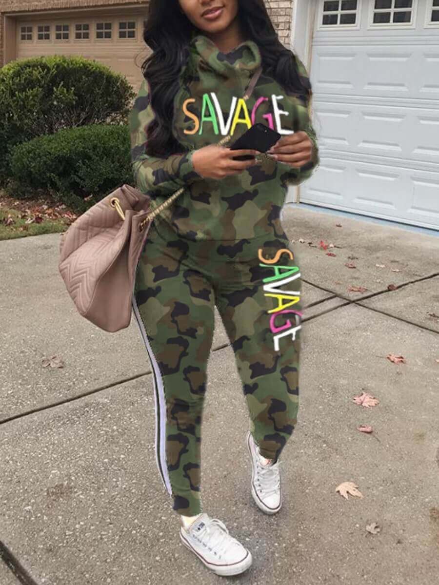 LW Plus Size Camo Letter Print Striped Pants Set