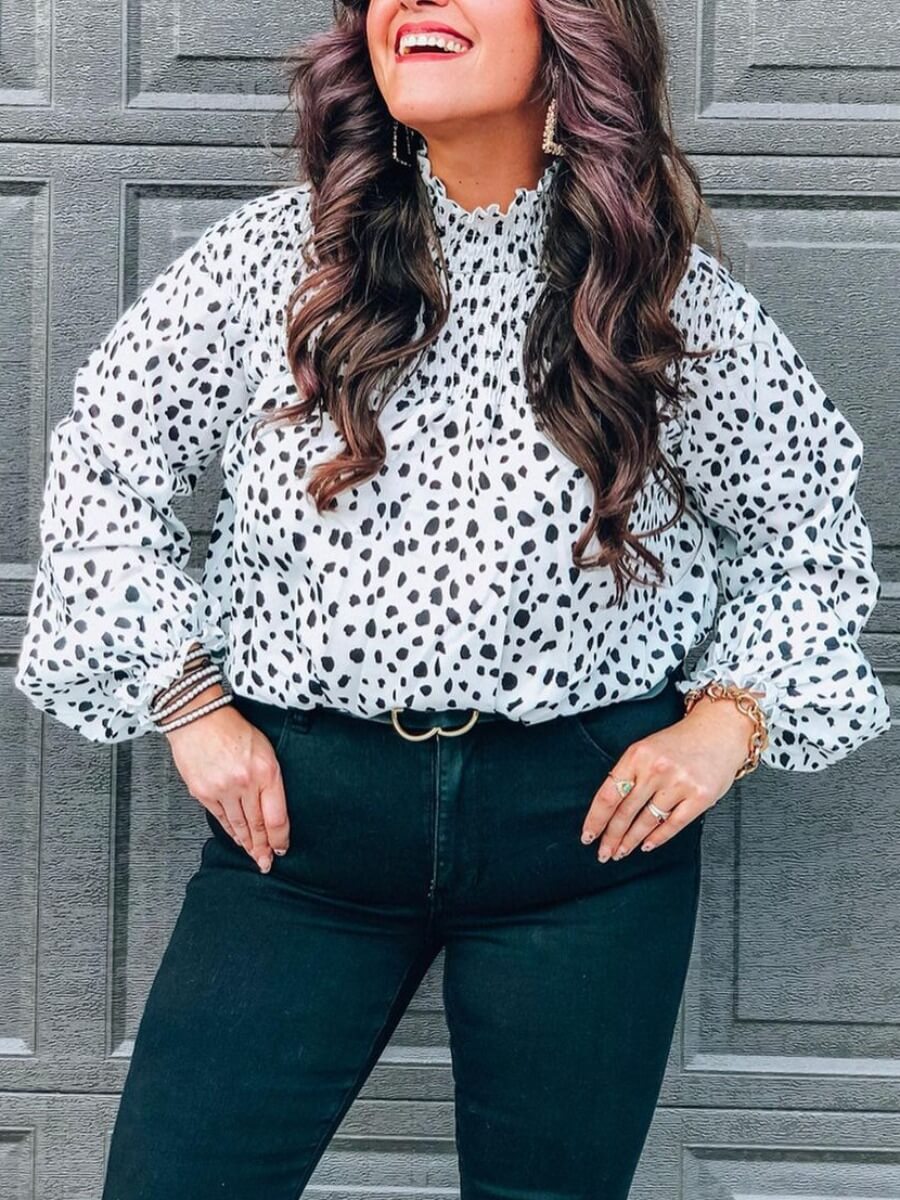 LW BASICS Plus Size Half A Turtleneck Dot Print Blouse