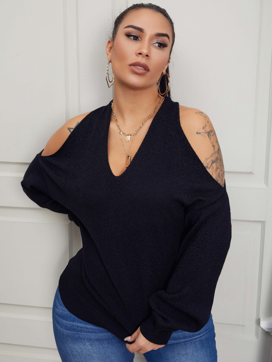 Lovely Casual V Neck Off The Shoulder Black Sweater