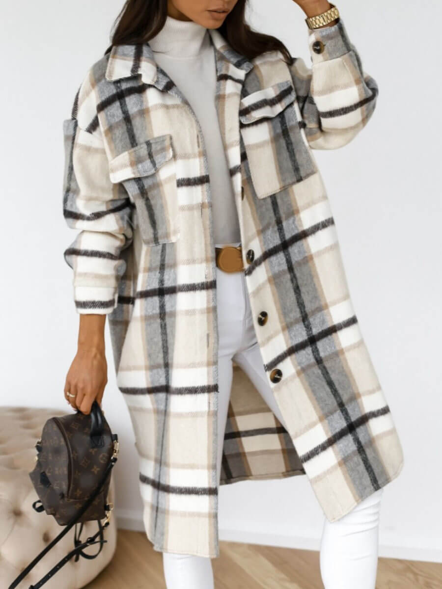 LW Plaid Print Pocket Design Woollen Coat