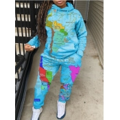 Lovely Street Hooded Collar Print Blue Two Piece P