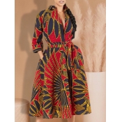 Lovely Stylish Turndown Collar Print Red Mid Calf 